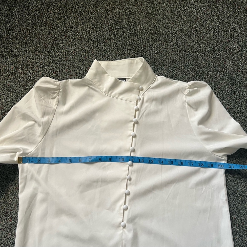 Off-White High Mock-Neck Long Sleeve Modest Asymmetrical Button Dow Shirt Blouse - Picture 14 of 16